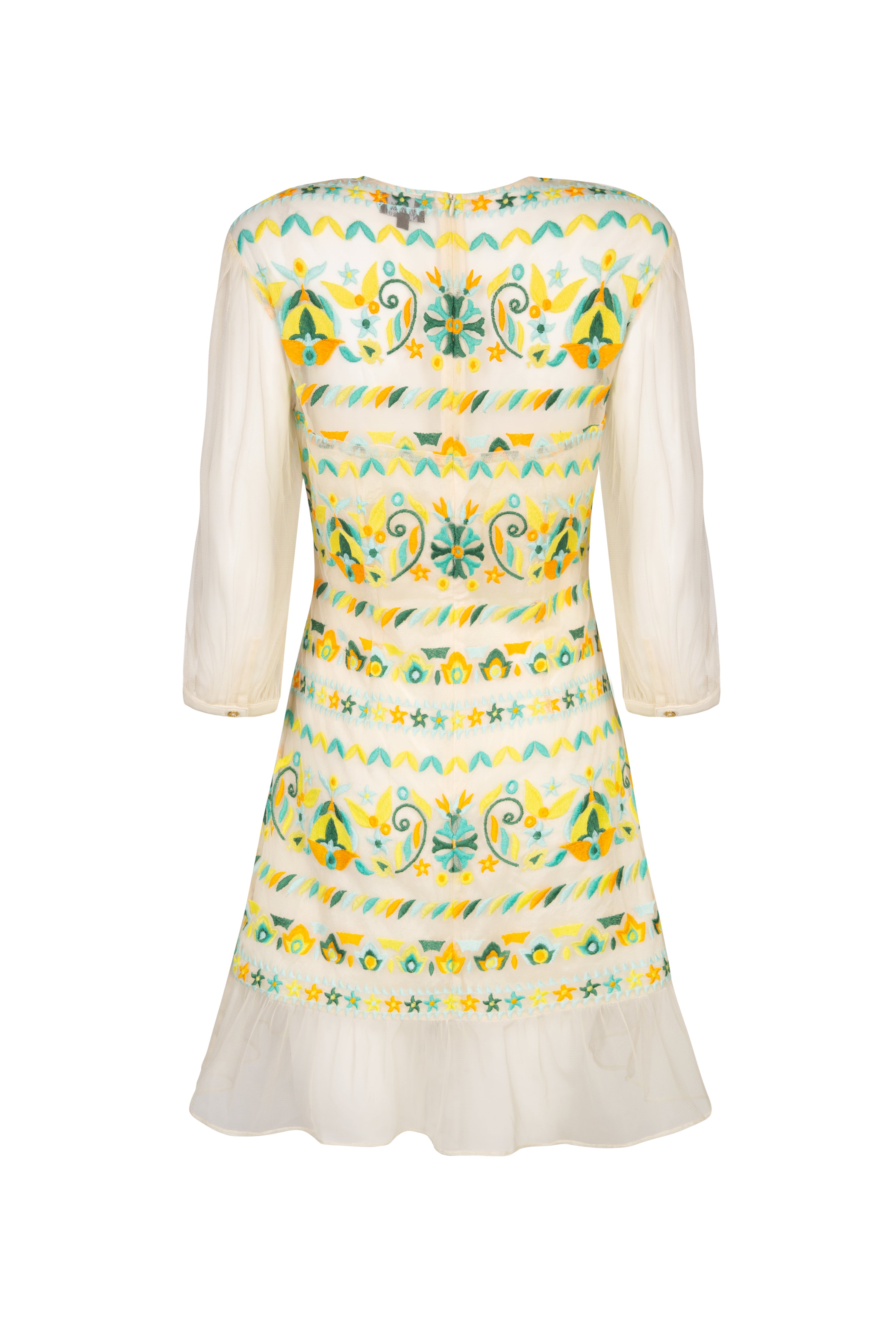Back view of sheer embroidered fitted tulle dress with sleeves