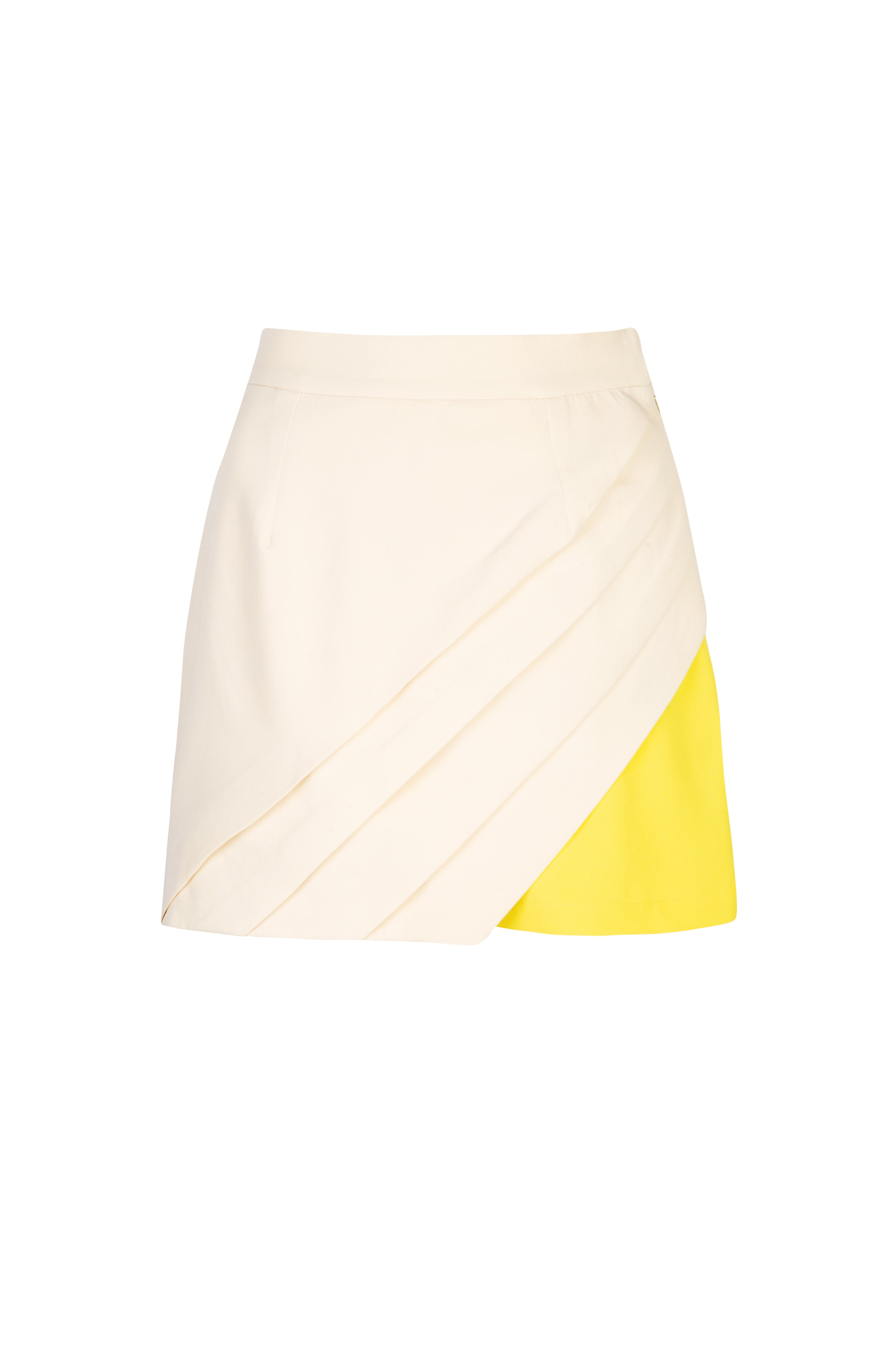 Cream pleated long panel with yellow shorts underneath, pocket and waistband