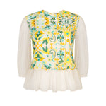 Bright and colourful embroidered tulle top with sleeves and peplum detail