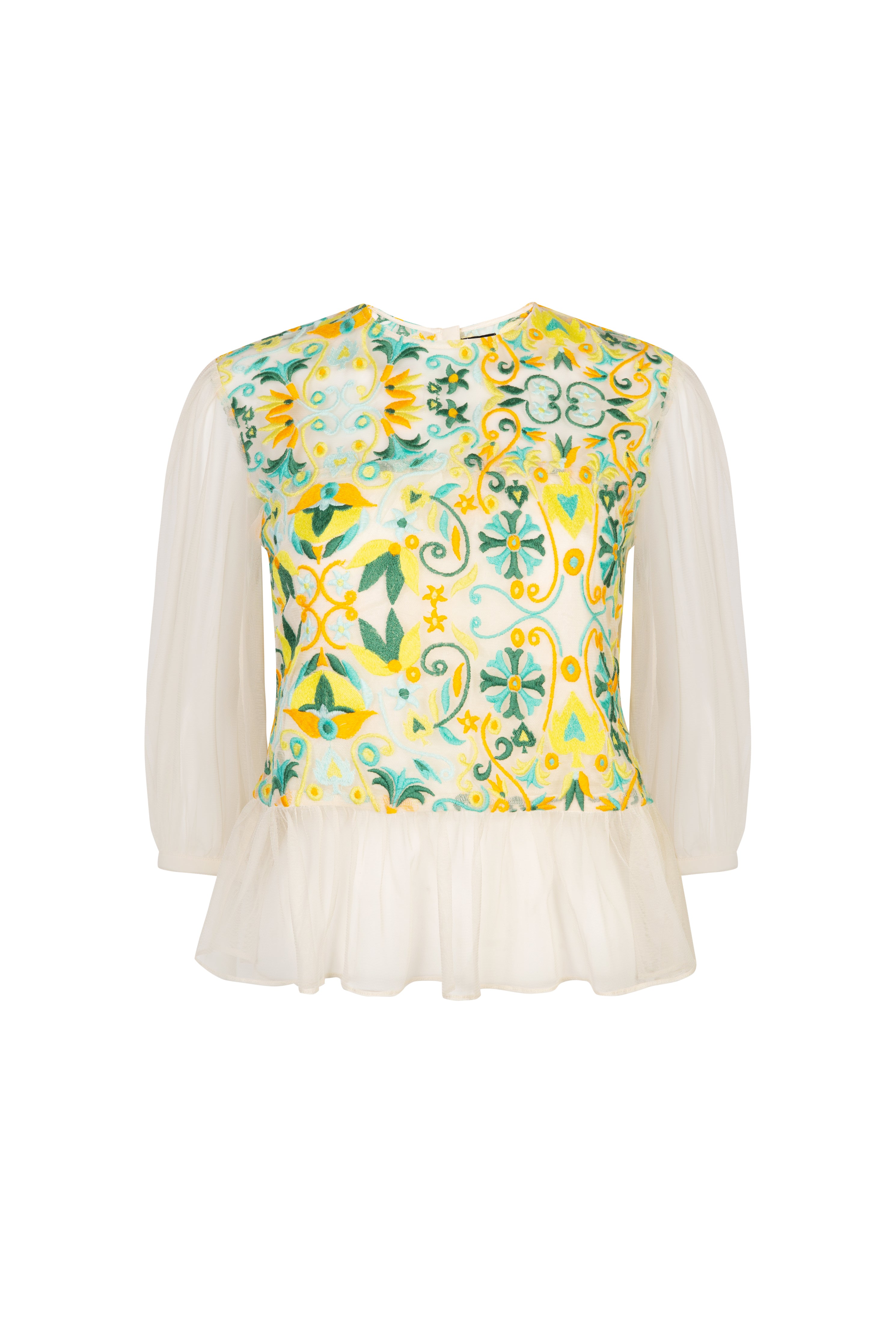 Bright and colourful embroidered tulle top with sleeves and peplum detail