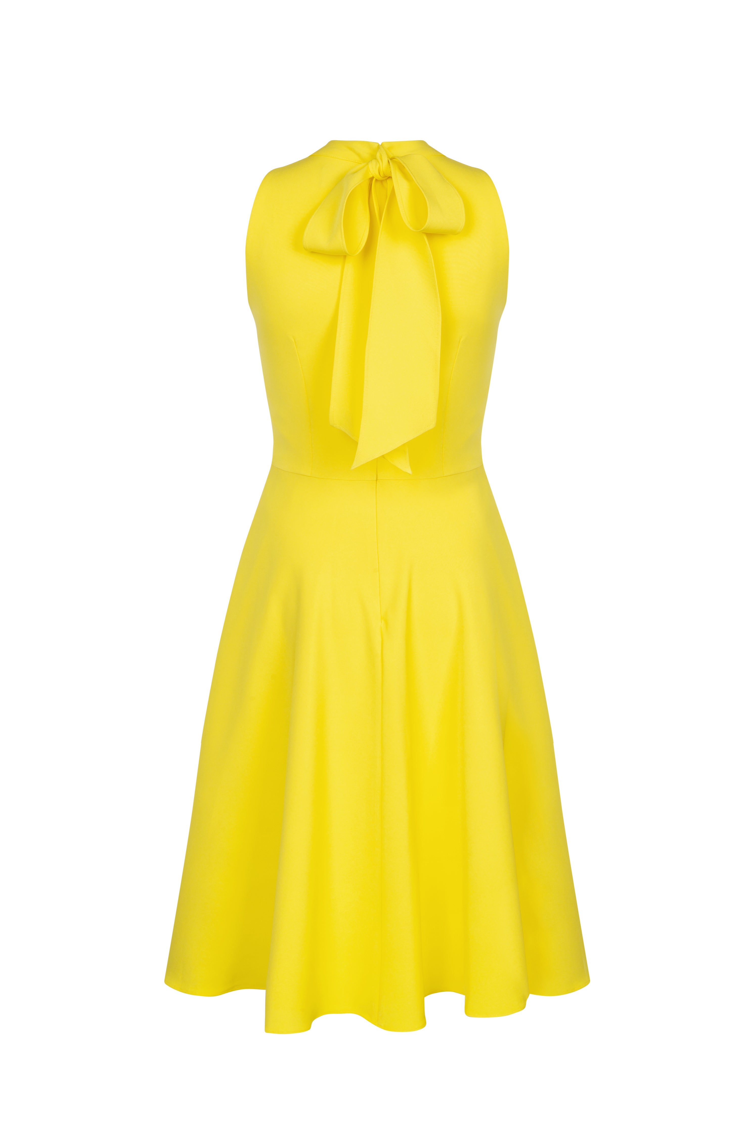 Back view of yellow summer dress with bow detail and flared skirt