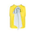 Back of bright yellow racer back top with baby blue bow detail