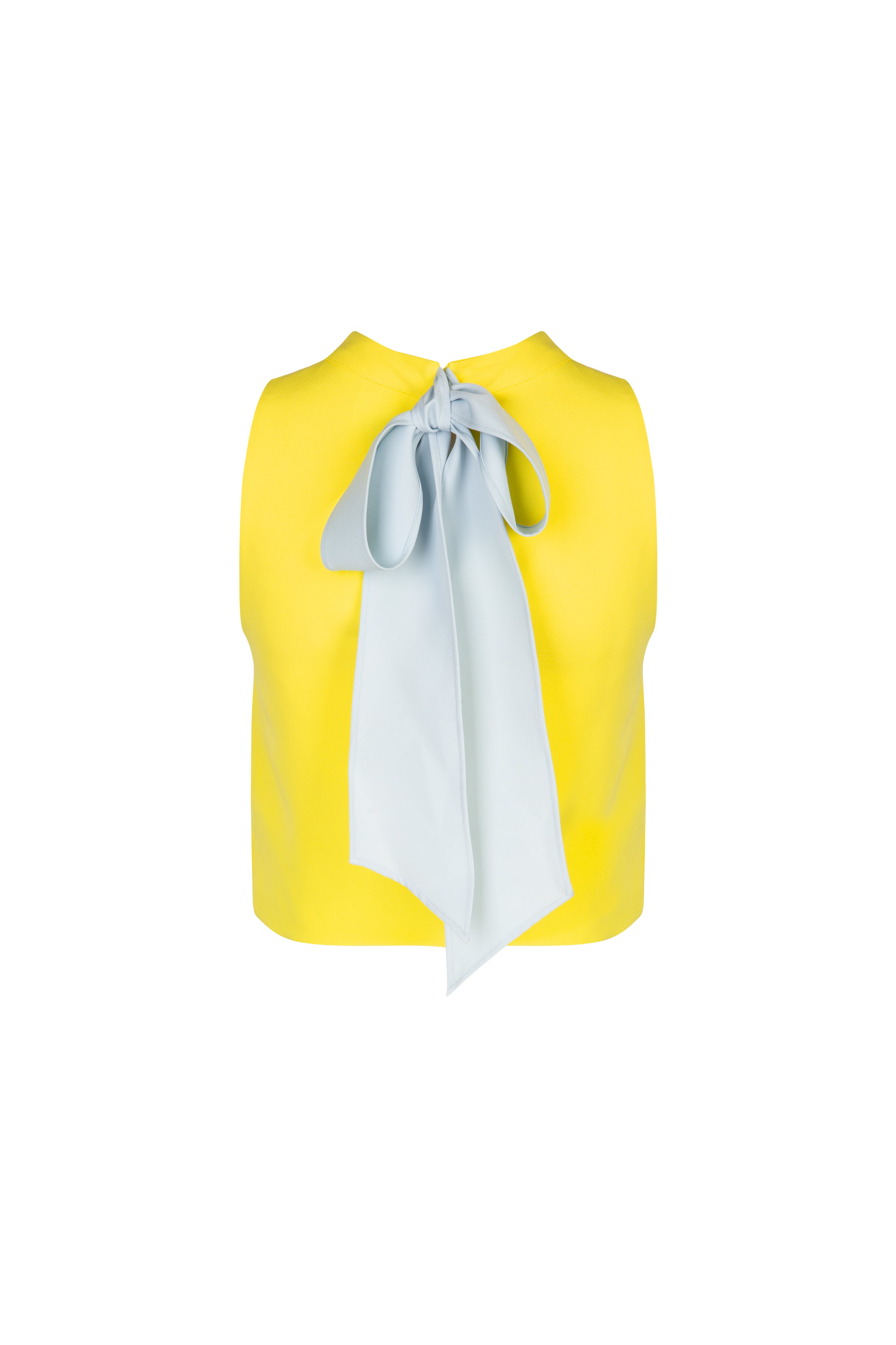 Back of bright yellow racer back top with baby blue bow detail