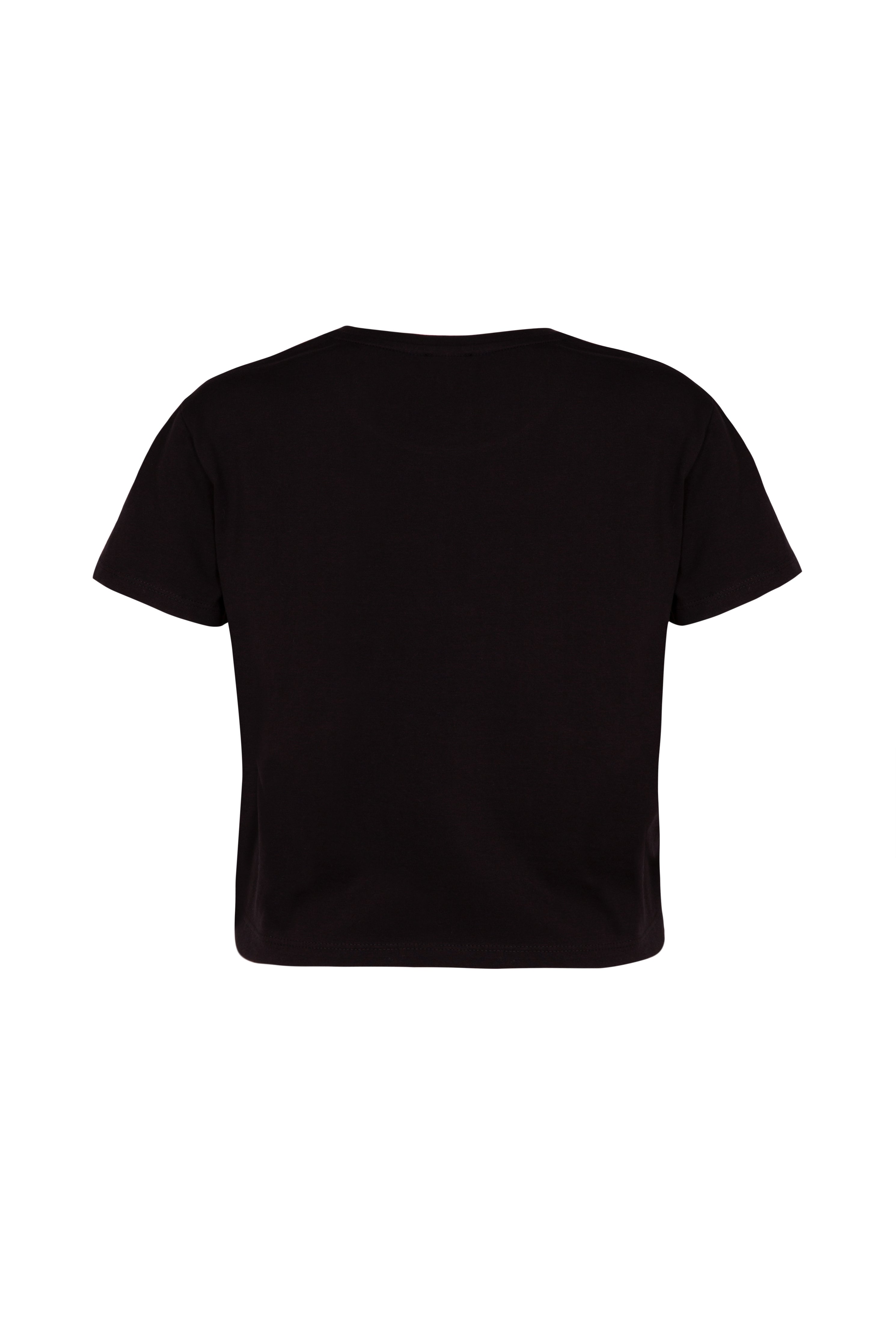 Back of black organic cotton boxy fit women's t-shirt