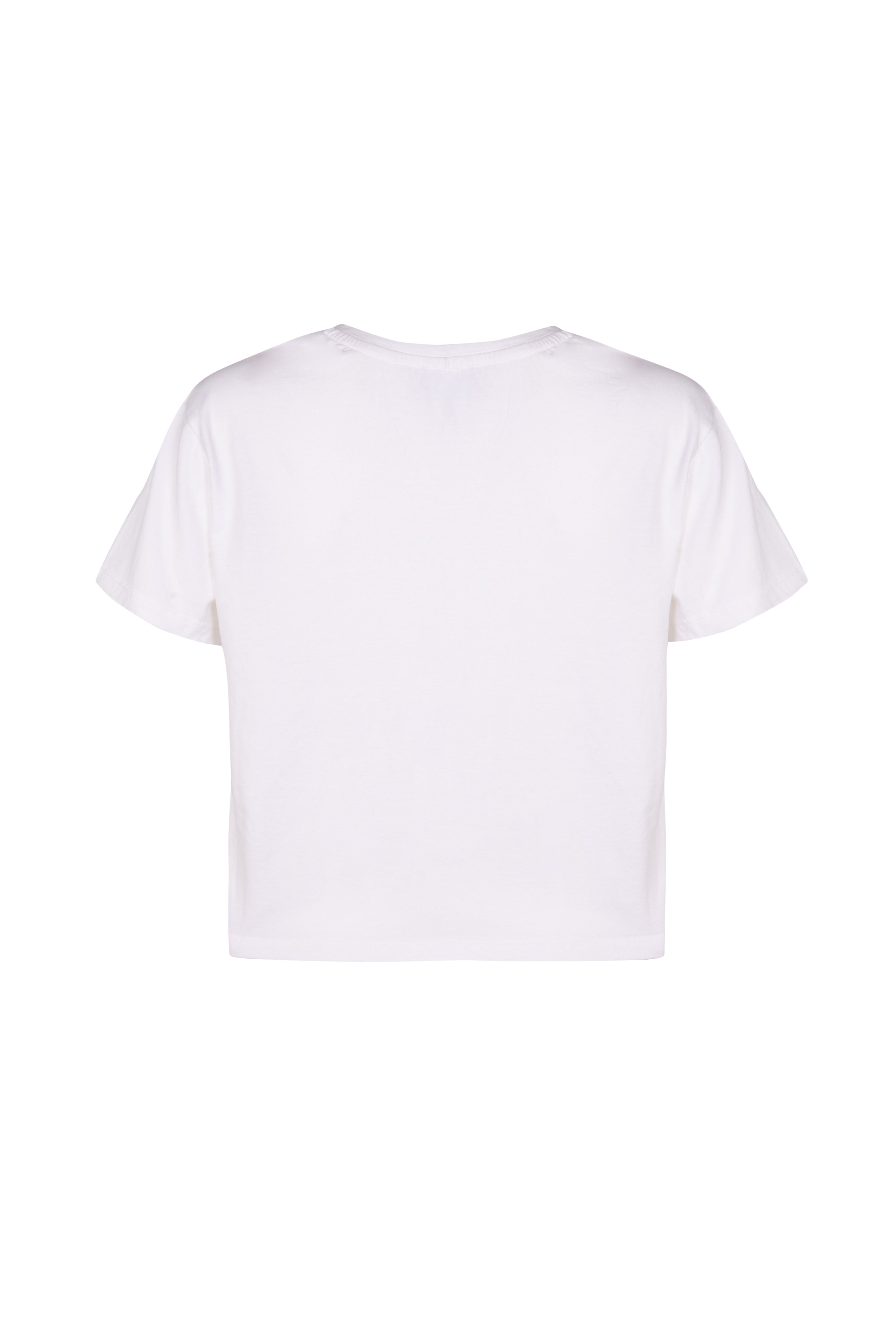Back of white organic cotton boxy fit cropped women's t-shirt